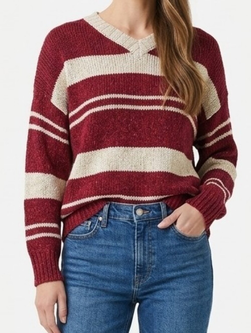 Urban Outfitters BDG Striped V-Neck Pullover Sweater In Cherry Red/Cream